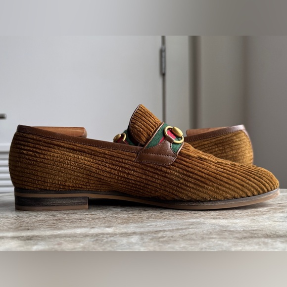 GUCCI Brown Corduroy Web Gold Horsebit Slip On Loafers 8.5 / 9 Moccasins $1000 - Picture 5 of 16